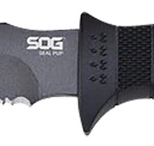 S.O.G SOGM37NCP Seal Pup  4.75" Fixed Clip Point Part Serrated Powder Coated AUS-8A SS Blade Black w/Raised Diamond Pattern GRN Handle Includes Lanyard/Sheath