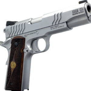 Dickinson LLC DCKSN45S 1911 Adam S Full Size Frame SAO 45 ACP 5" Stainless Button Rifled Barrel, Stainless Steel S Serrations Slide, Stainless Steel Frame, Wood Grip