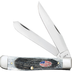Case 53060 Trapper Stars & Stripes 3.24"/3.27" Folding Clip Point/Spey Plain Mirror Polished Tru-Sharp SS Blade, Sawcut Jig Gray Bone Handle, American Flag Shield