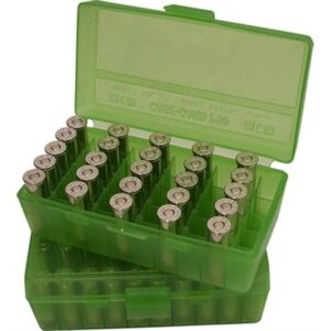FLIP TOP PISTOL AMMO BOX 9MM-380 ACP 50 ROUND TRNSLSNT GREEN