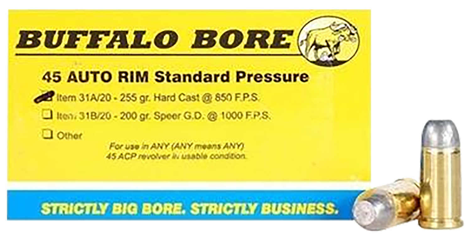 Buffalo Bore Standard Pressure Heavy 45 Auto Rim 255 grain Hard Cast Flat Nose Pistol and Handgun Ammo, 20/Box – 31A/20