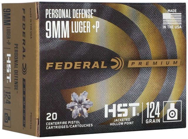 Federal Premium Personal Defense 9mm Luger +P Ammo 124 Grain Federal HST Jacketed Hollow Point Box of 20